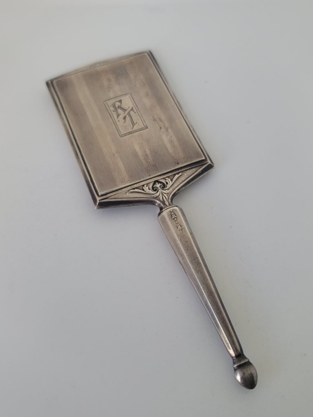 Antique Art Deco Sterling Hand Mirror with Hinged/hidden Compact